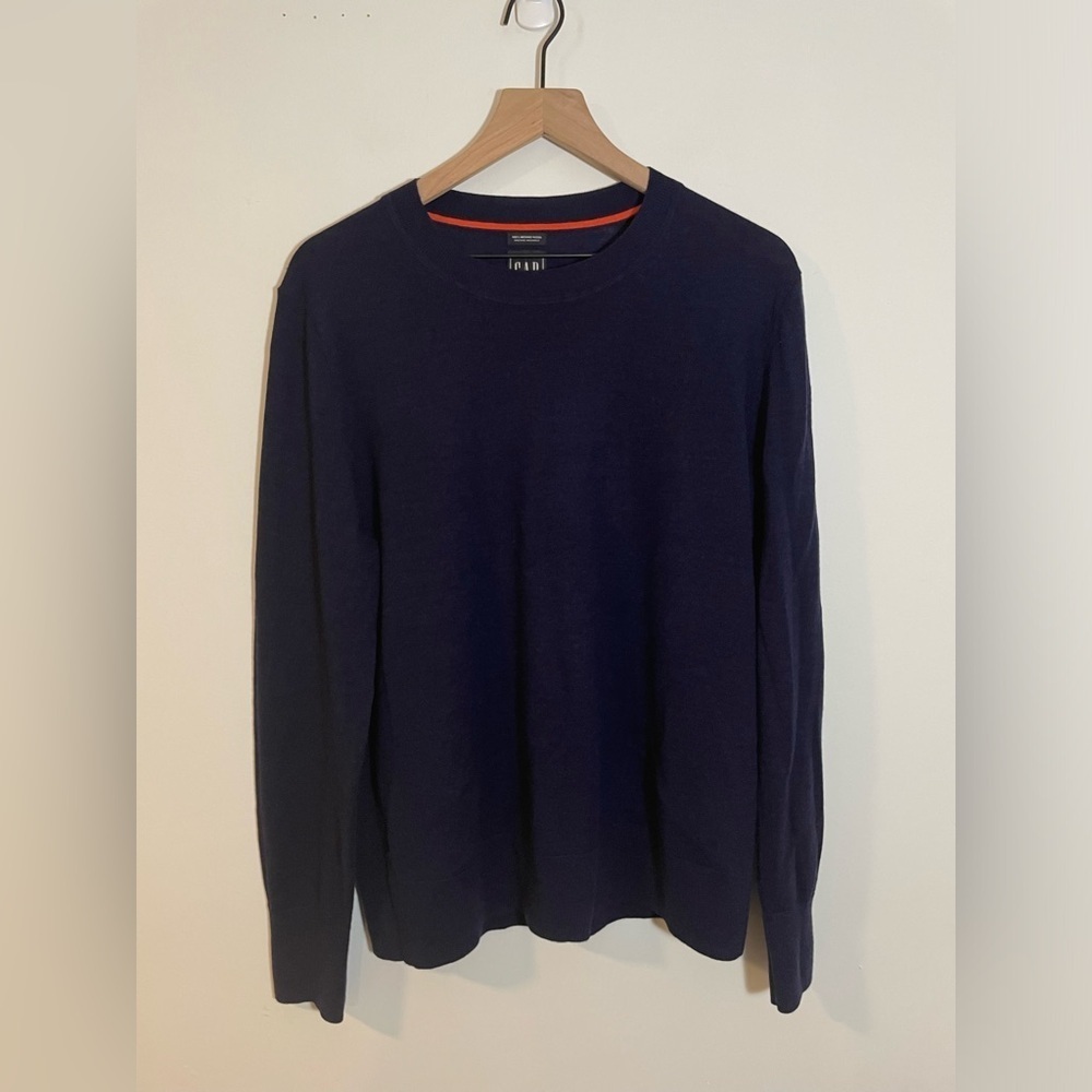 Gap 100% Merino Wool Navy Blue Crewneck Lightweight Sweater Machine Wash Sz XLT - Picture 2 of 9